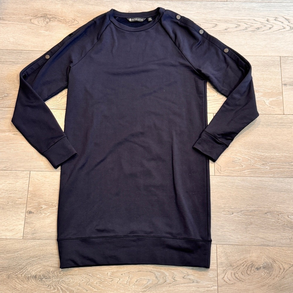 ATHLETA Black Snappy Sweatshirt‎ Dress Casual Athleisure XSmall XS Scuba Fleece